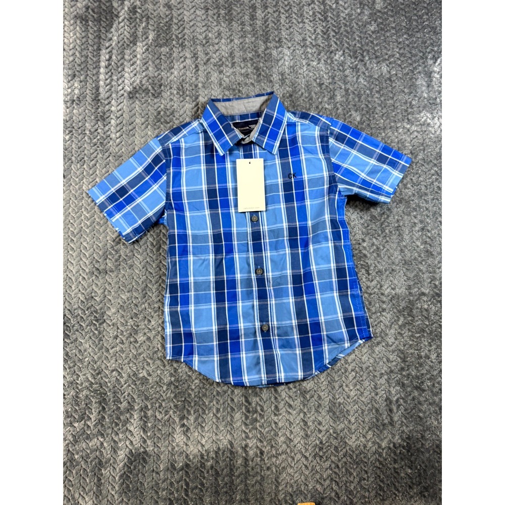 Calvin Klein Jeans Shirt Boy 6 Blue Plaid Cotton Collared Short Sleeve Button Up